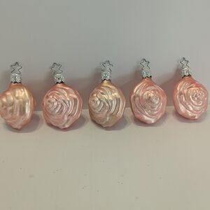 Lot of 5 Inge Glas Pink Carnation Rose Flower Glass Christmas Ornament Germany